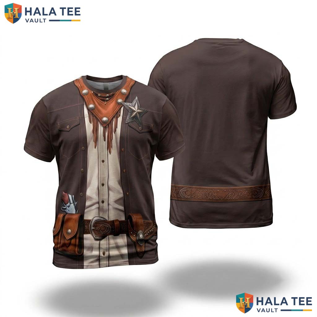 Brown Muscle Pirate AOP T-Shirt Mens Fake Chest Halloween Cosplay Apparel