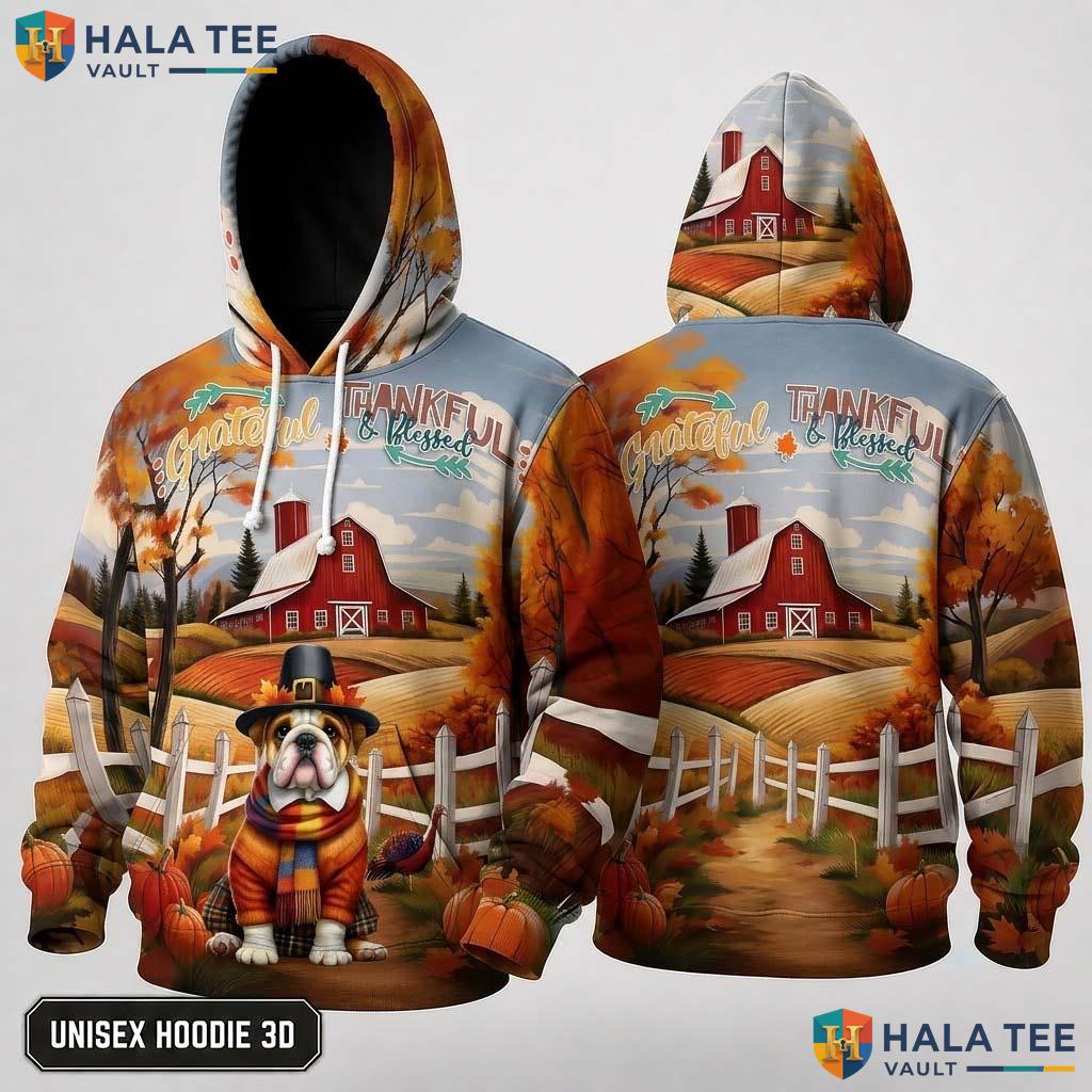 Bulldog Landscape Autumn Thanksgiving 3D Hoodie Rustic Cozy Fall Top