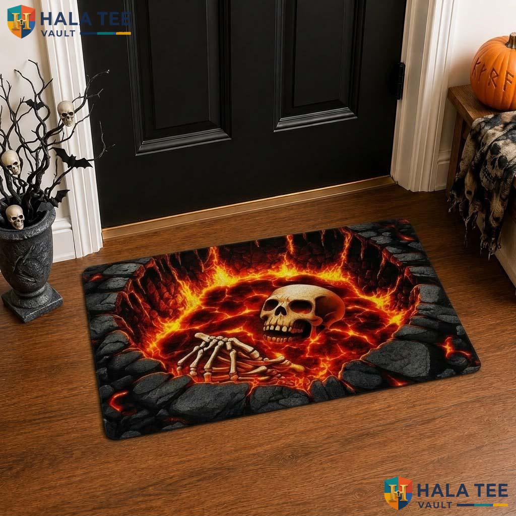 Burning Lava Skull Halloween Front door mat 3D Skeleton Hell Pit Illusion