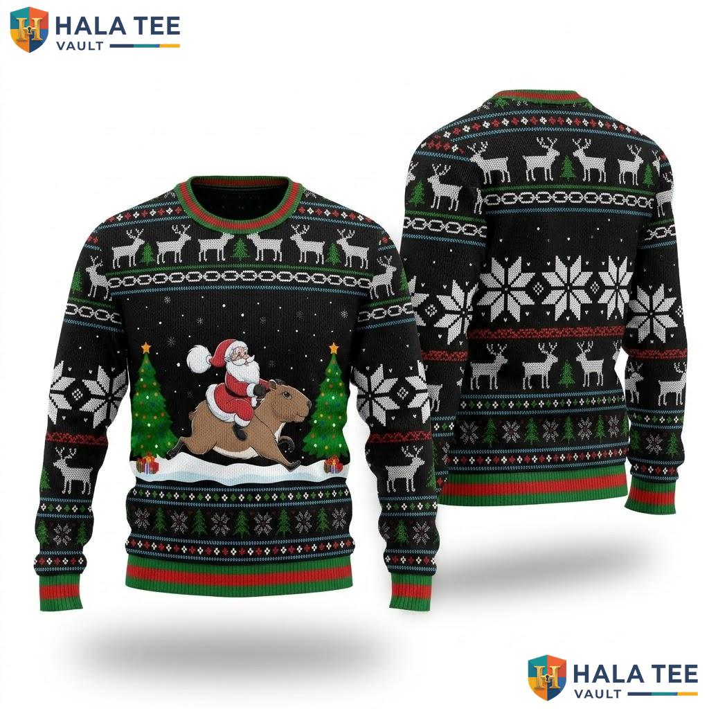 Capybara Santa Riding Ugly Christmas Sweater Funny Lights Holiday