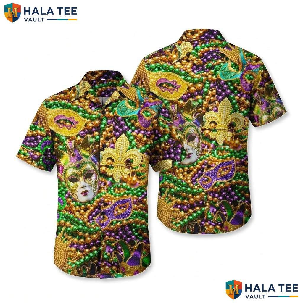 Carnival Mask Hawaiian Shirt Mens Mardi Gras Novelty Party Beach Apparel