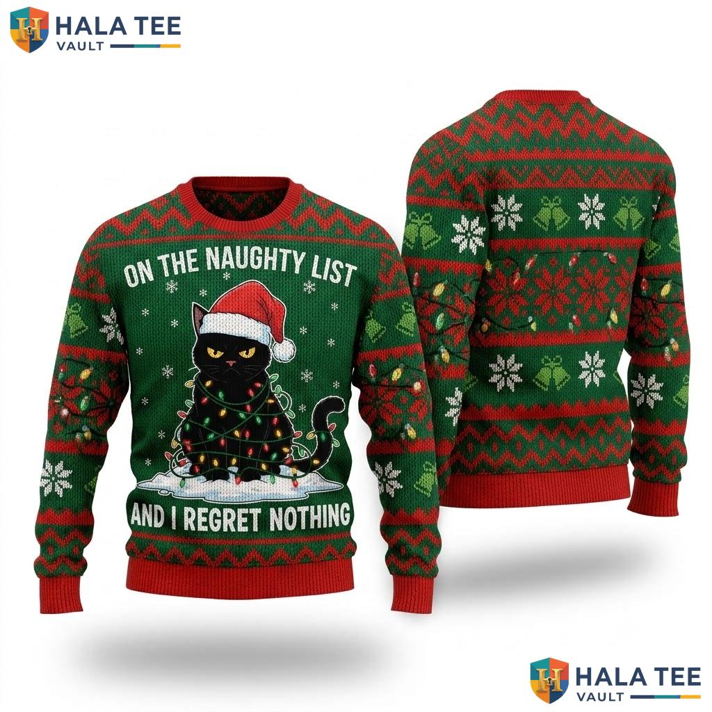 Cat Naughty List Regret Christmas Sweater Funny Feline Holiday Top