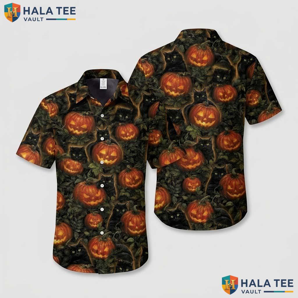 Cat Pumpkin Halloween Hawaiian Shirt Spooky Jack O Lantern Aloha Top