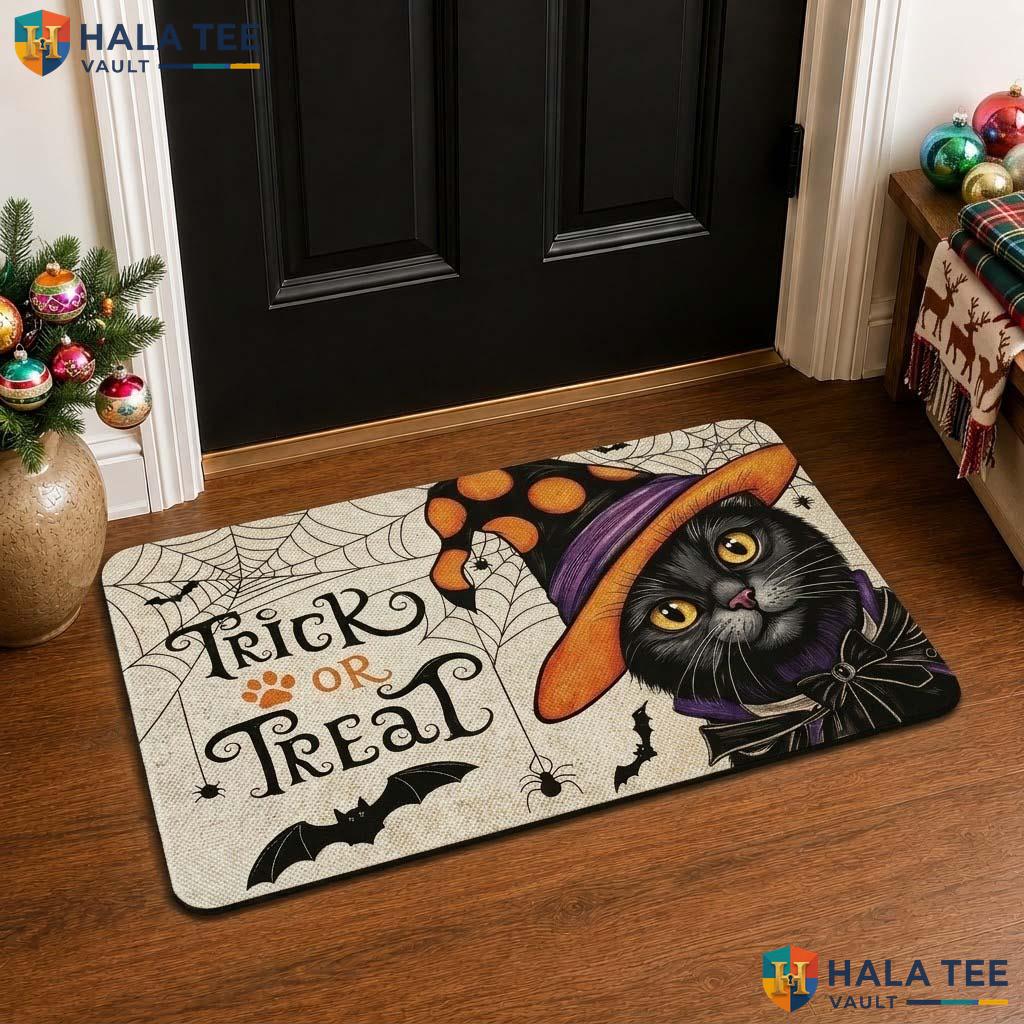 Cat Witch Halloween Front door mat Whimsical Black Cat Bat Spooky Entrance Rug