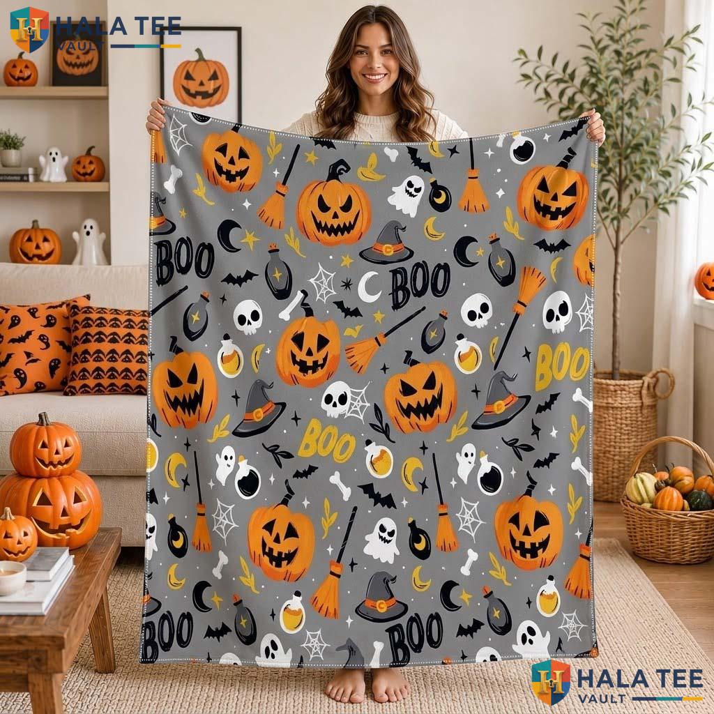 Cheerful Pumpkin Halloween Blanket Soft Flannel Fleece Spooky Decor