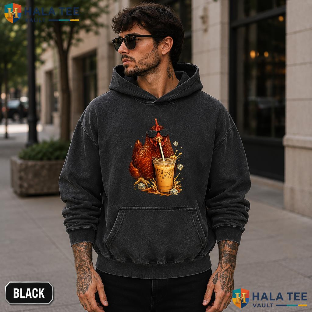 Chicken Drinking Coffee Washed T-Shirt Funny Iced Coffee Art Graphic Top Grunge style acid wash tee