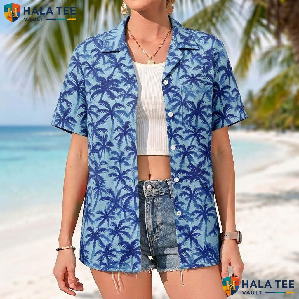 Classic Blue Palm Aloha Tee Mens Tropical Casual Summer Beachwear Top