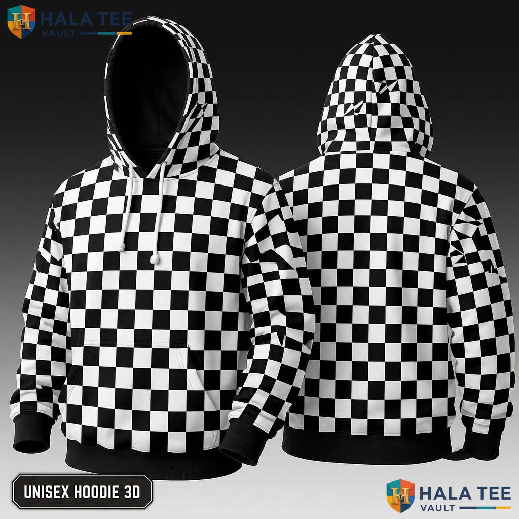 Classic Checkered 3D Hoodie Trendy Black White Casual Streetwear Top