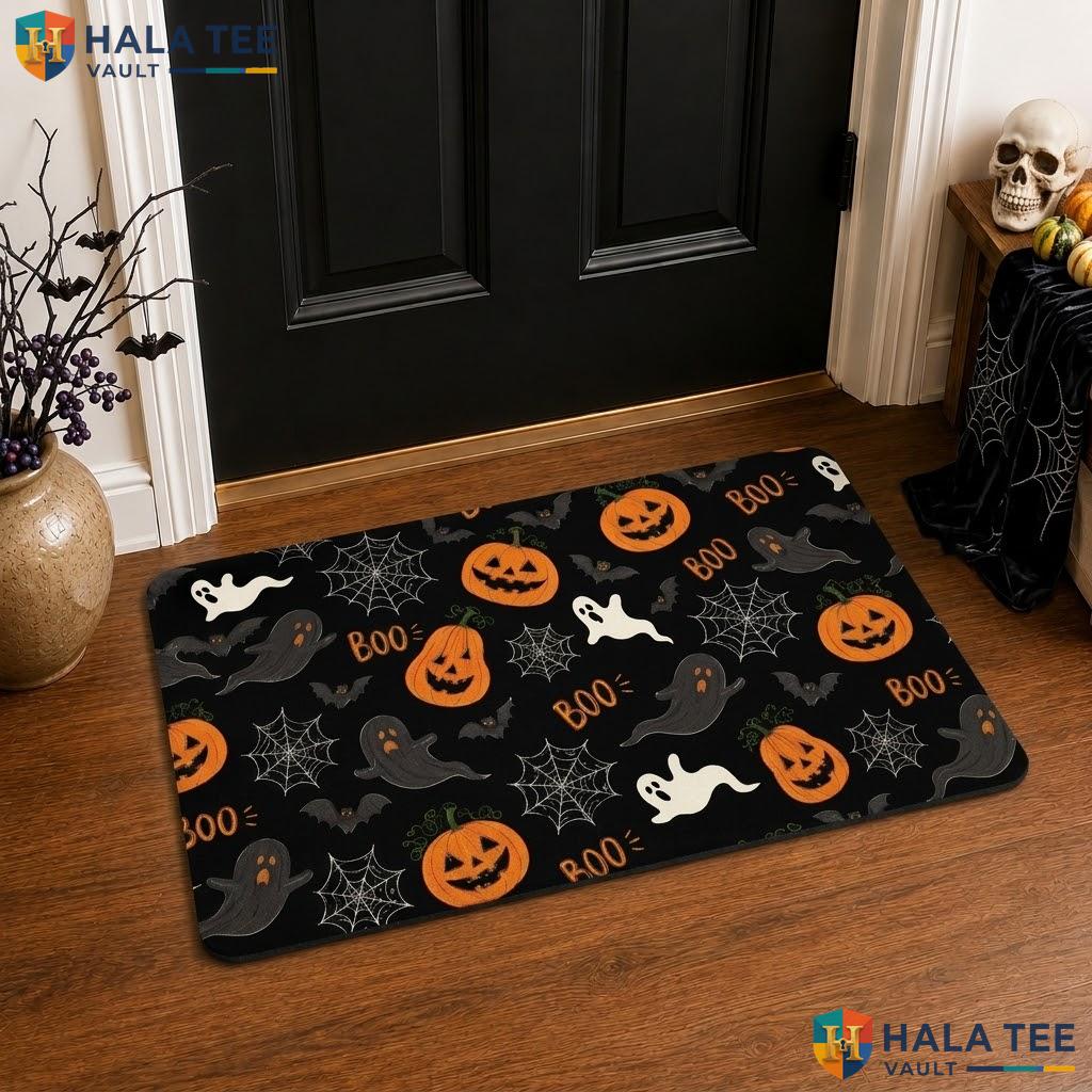 Classic Fall Halloween Front door mat Pumpkin Black Cat Faux Coir Front Porch Rug