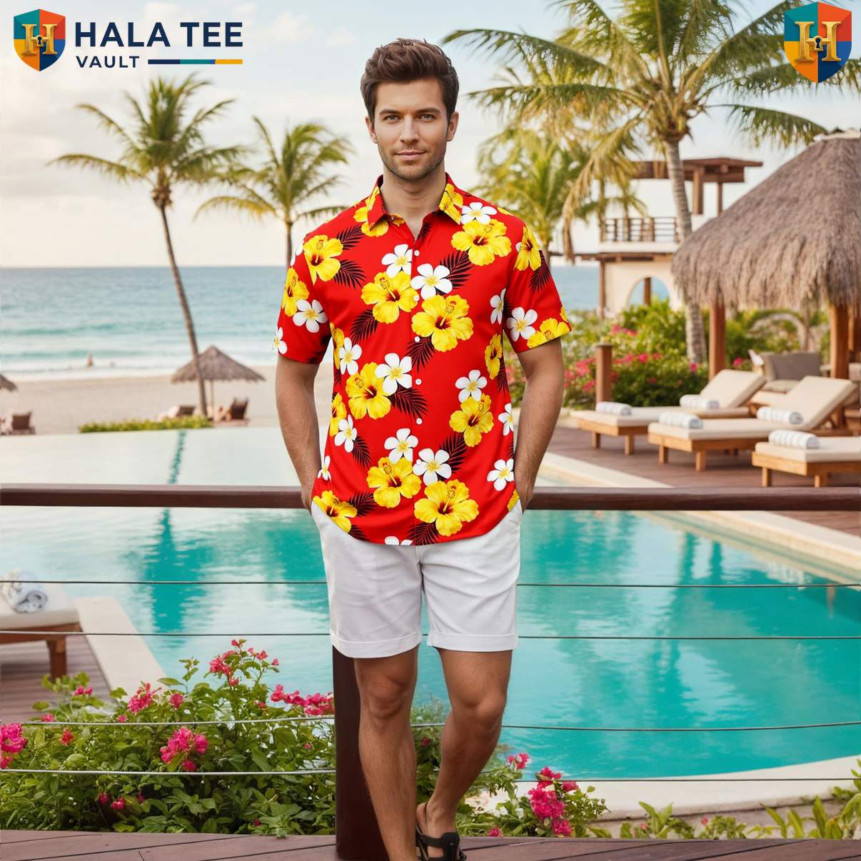 Classic Floral Palm Aloha T-Shirt Mens Tropical Resort Button Down Holiday Top