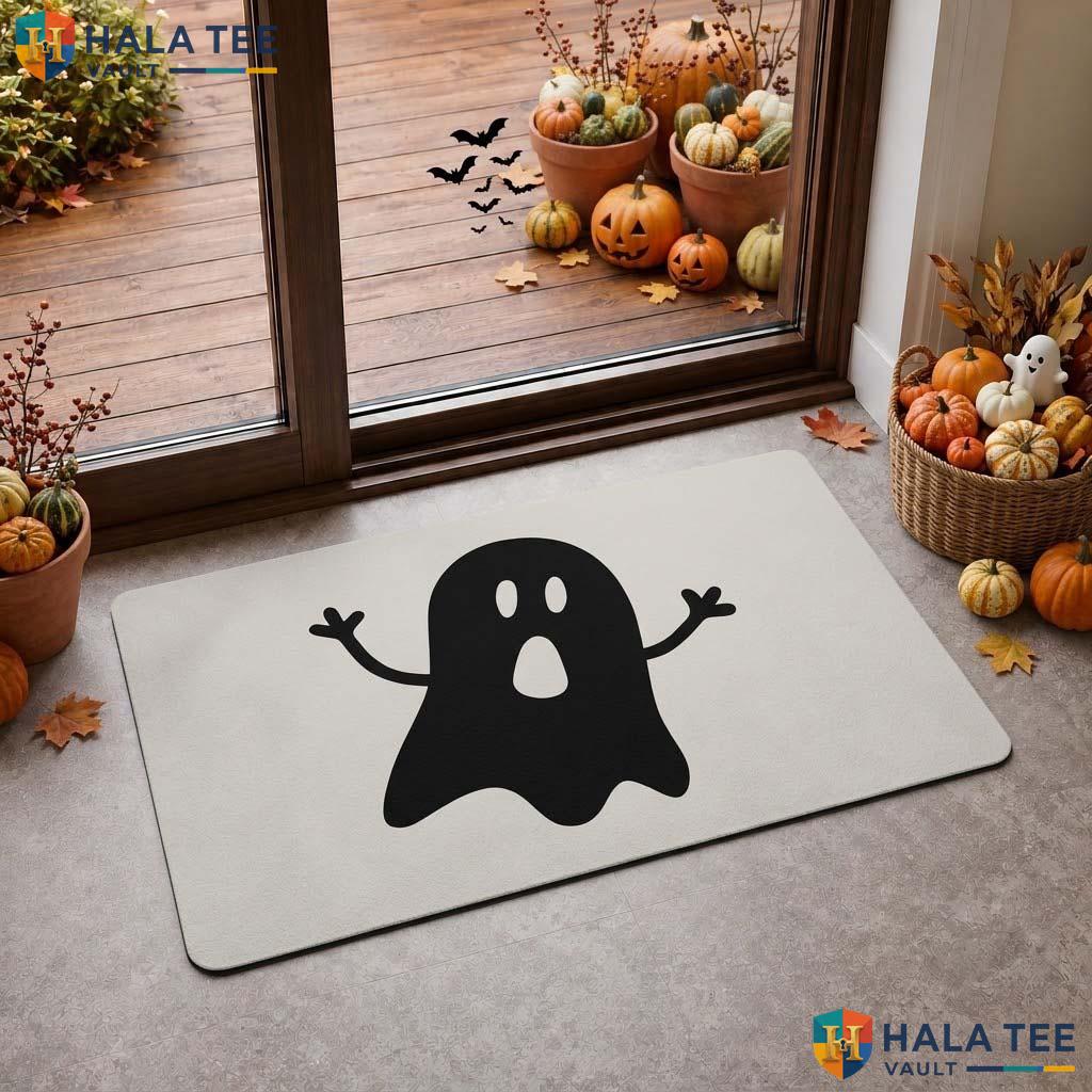 Classic Ghost Halloween Doormat Playful Spooky Entry Rug Bat Pumpkin