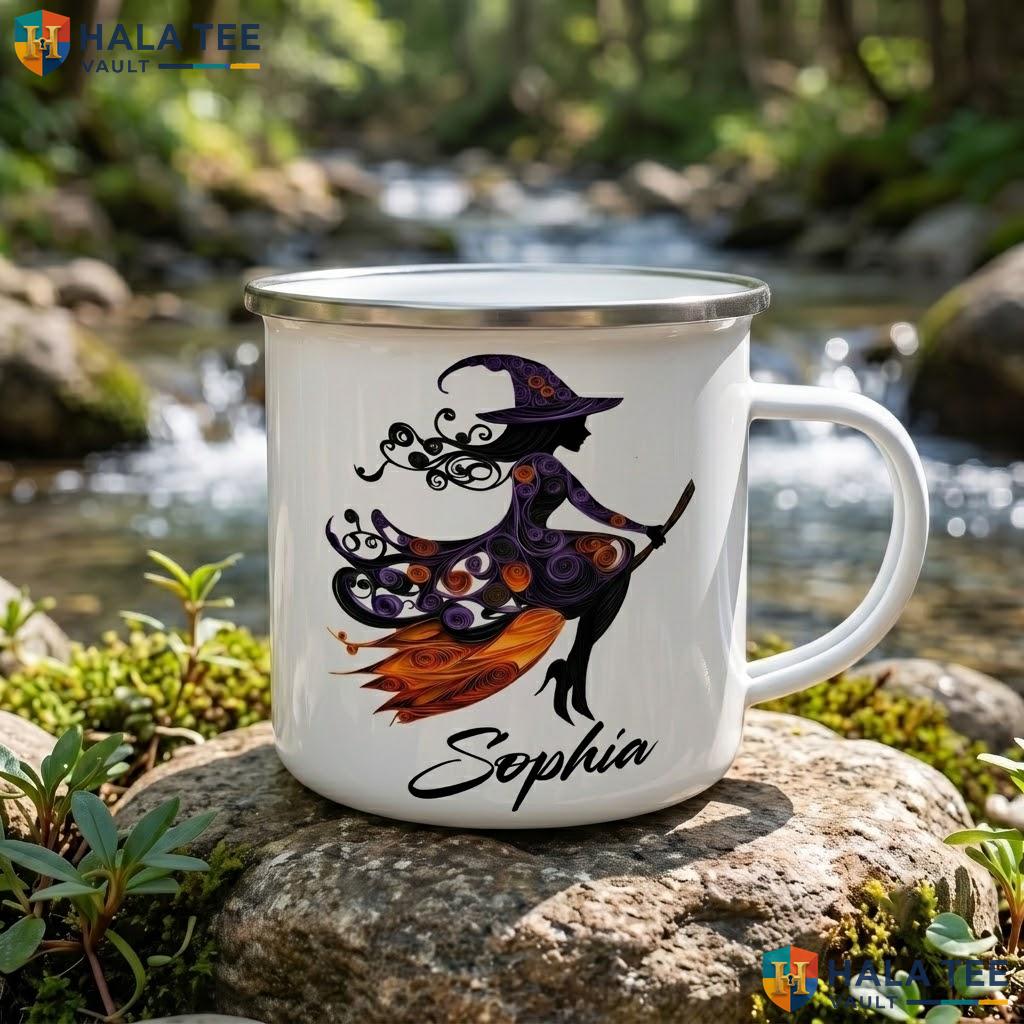 Classic Halloween Witch Ceramic Mug Custom Name Silhouette Coffee Accent Mug