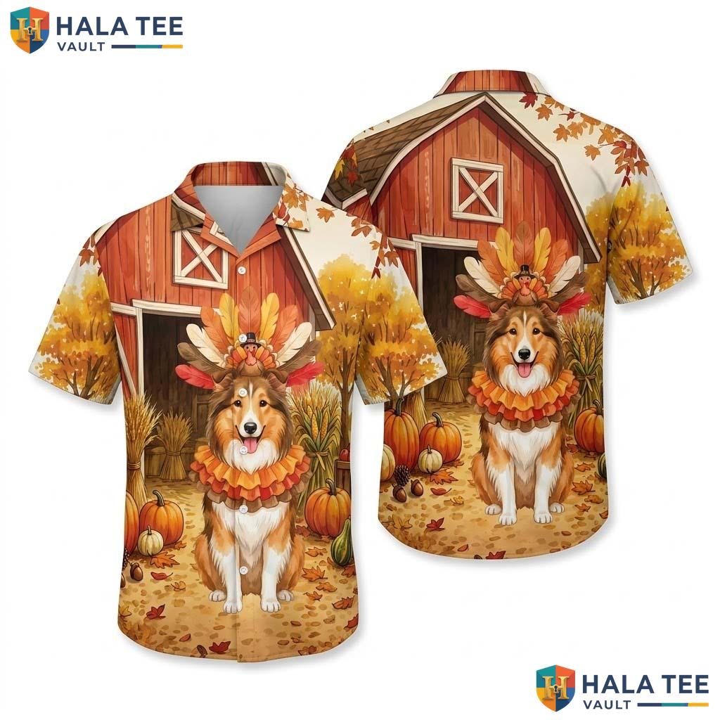 Collie Costume Thanksgiving Hawaiian Shirt Dog In Turkey Fall Scene