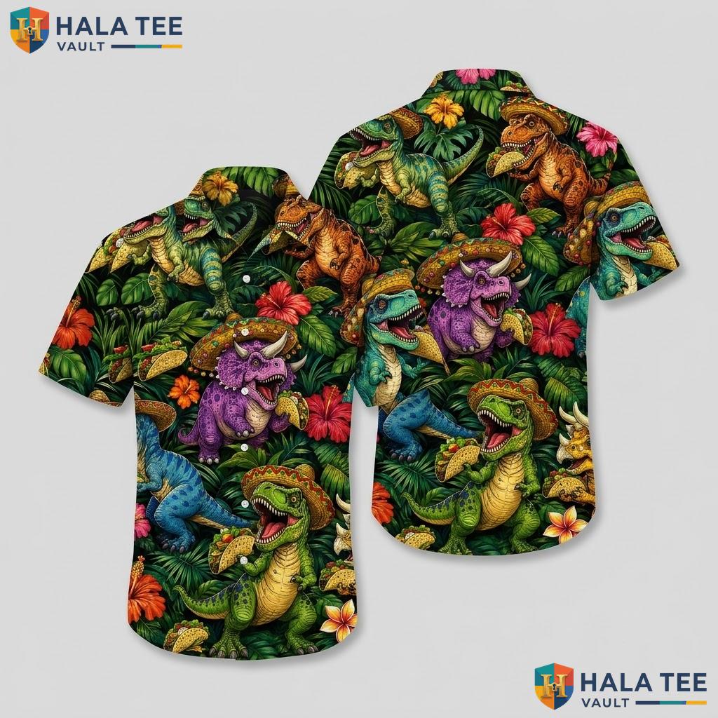 Colorful Dinosaur Aloha Shirt Vibrant Mens Casual Summer Beach Button Down