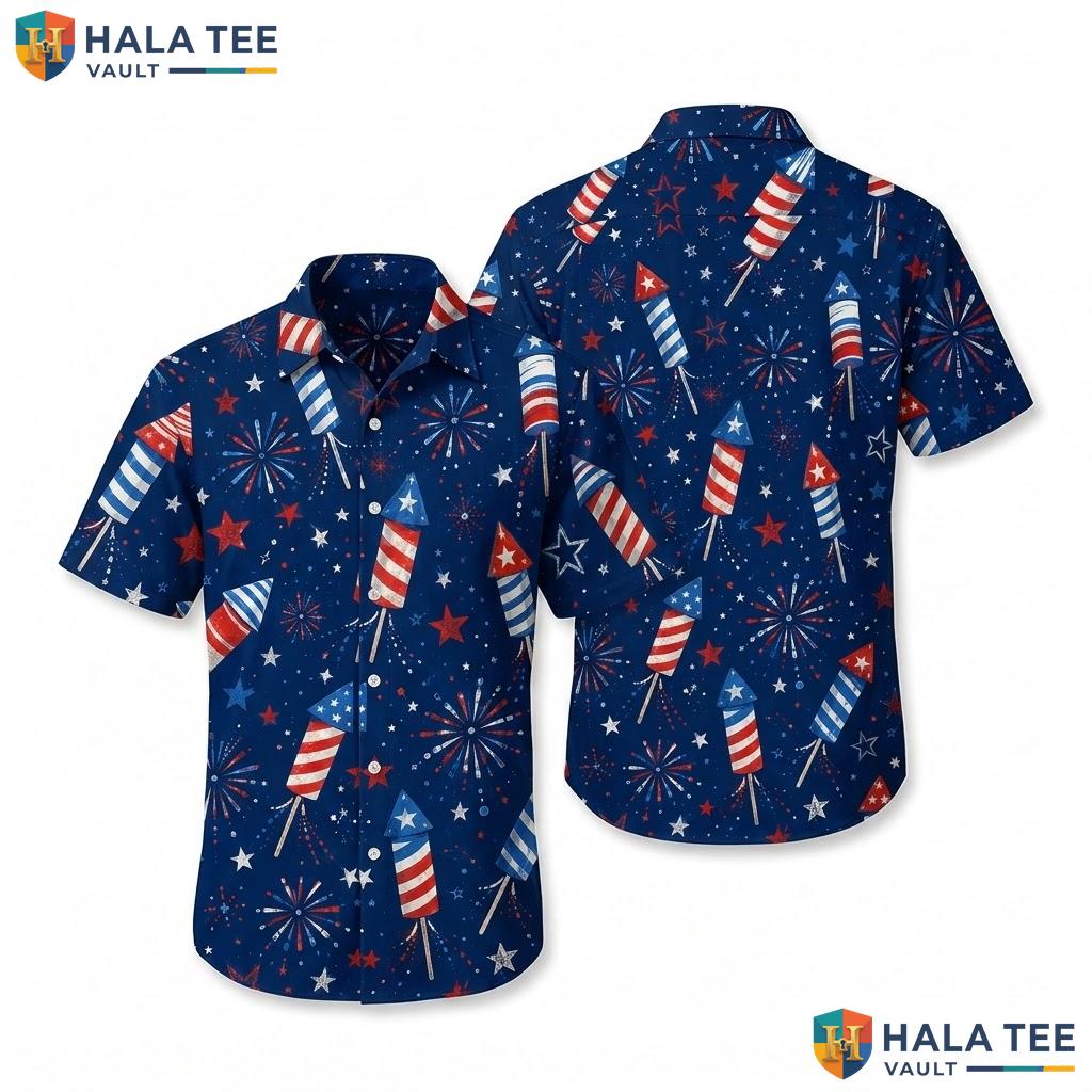 Colorful Fireworks Aloha Shirt Navy Blue Short Sleeve Summer Button Down