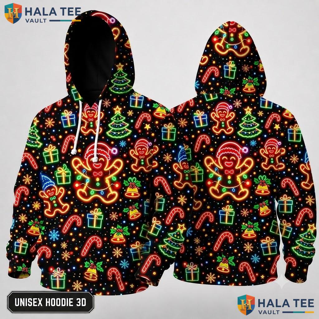 Colorful Gingerbread Black Christmas 3D Hoodie Festive Holiday Top