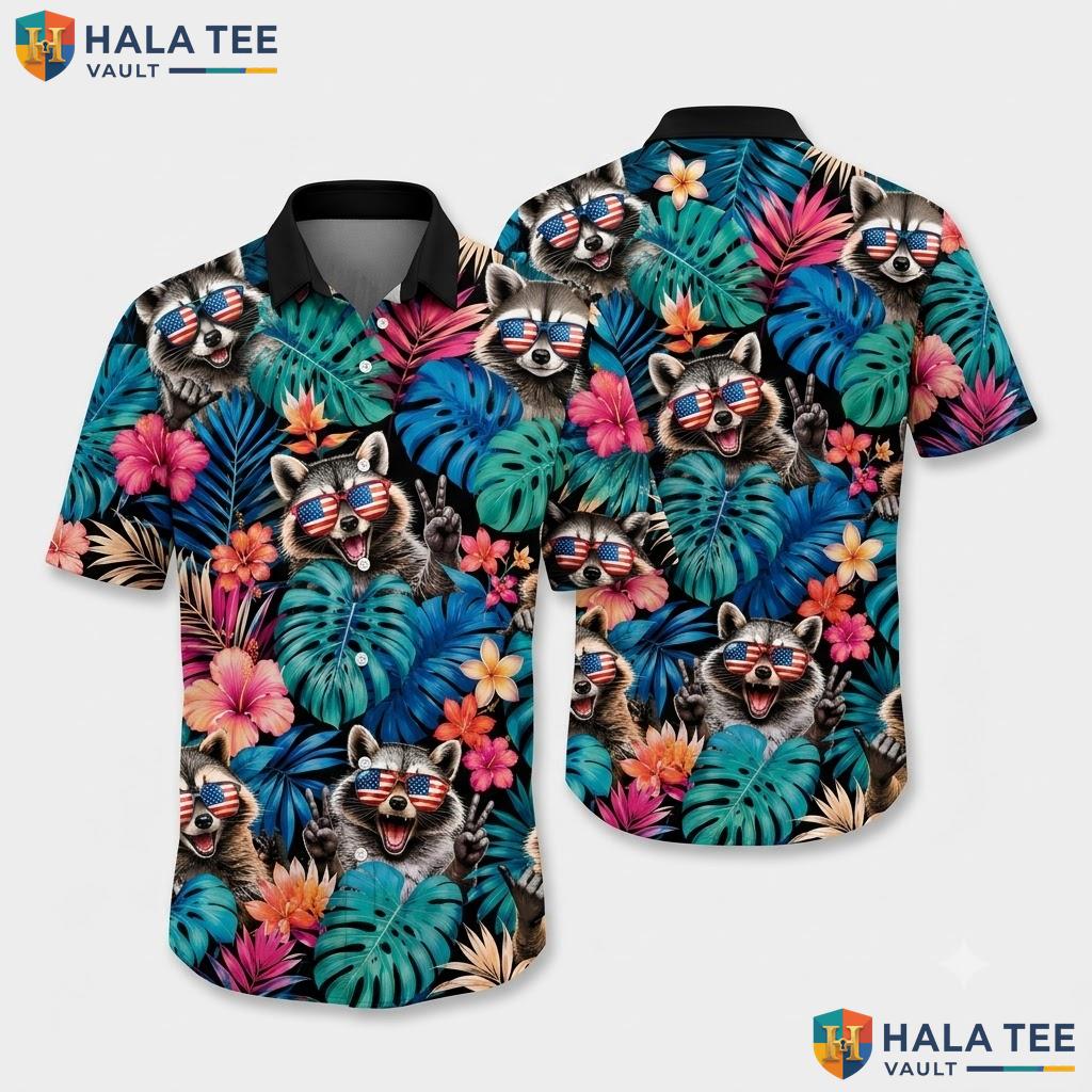 Colorful Raccoon Tropical Hawaiian Shirt Funny Festival Vibrant Leaf Top