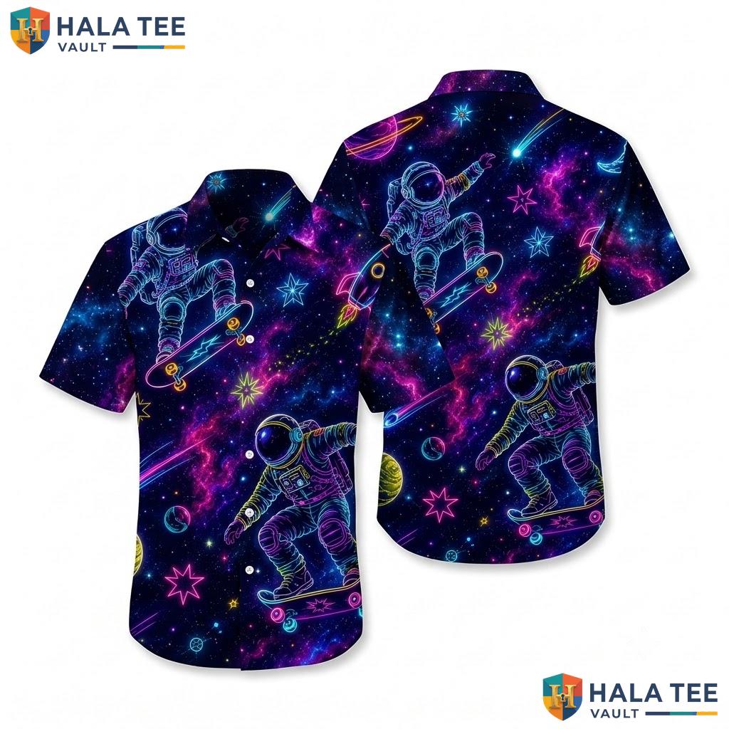 Cool Astronaut Graphic Aloha Shirt Vibrant Cosmic Skateboarding Mens Top