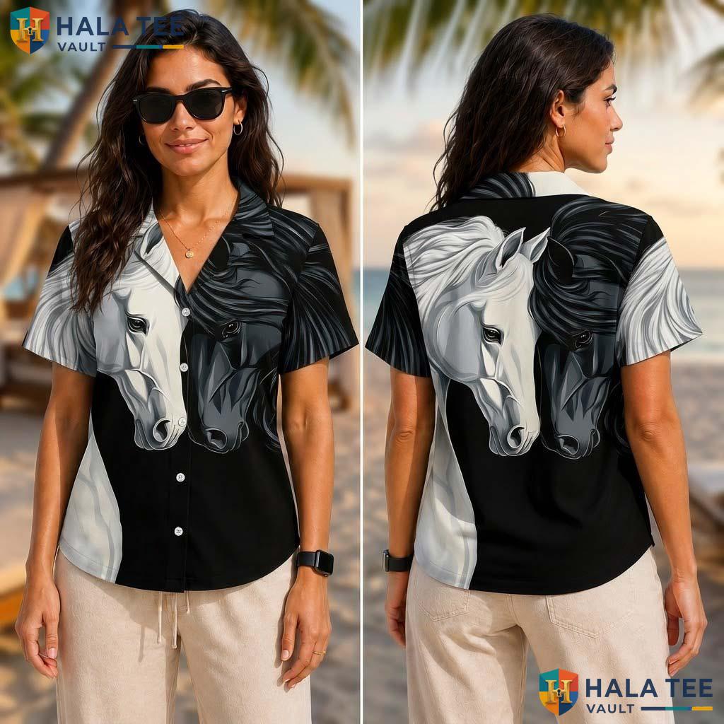 Cool Black White Horse Tropical Shirt Funky Short Sleeve Button Down Lover Top