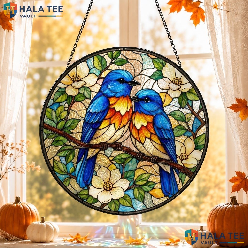 Cool Blue Birds Halloween Stained Glass Suncatcher Gothic Wall Room Ornament Adult
