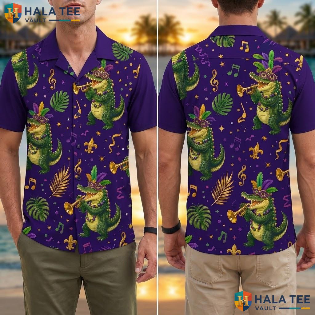 Cool Crocodile Trumpet Hawaiian Shirt Vibrant Tropical Beach Party Apparel Adult