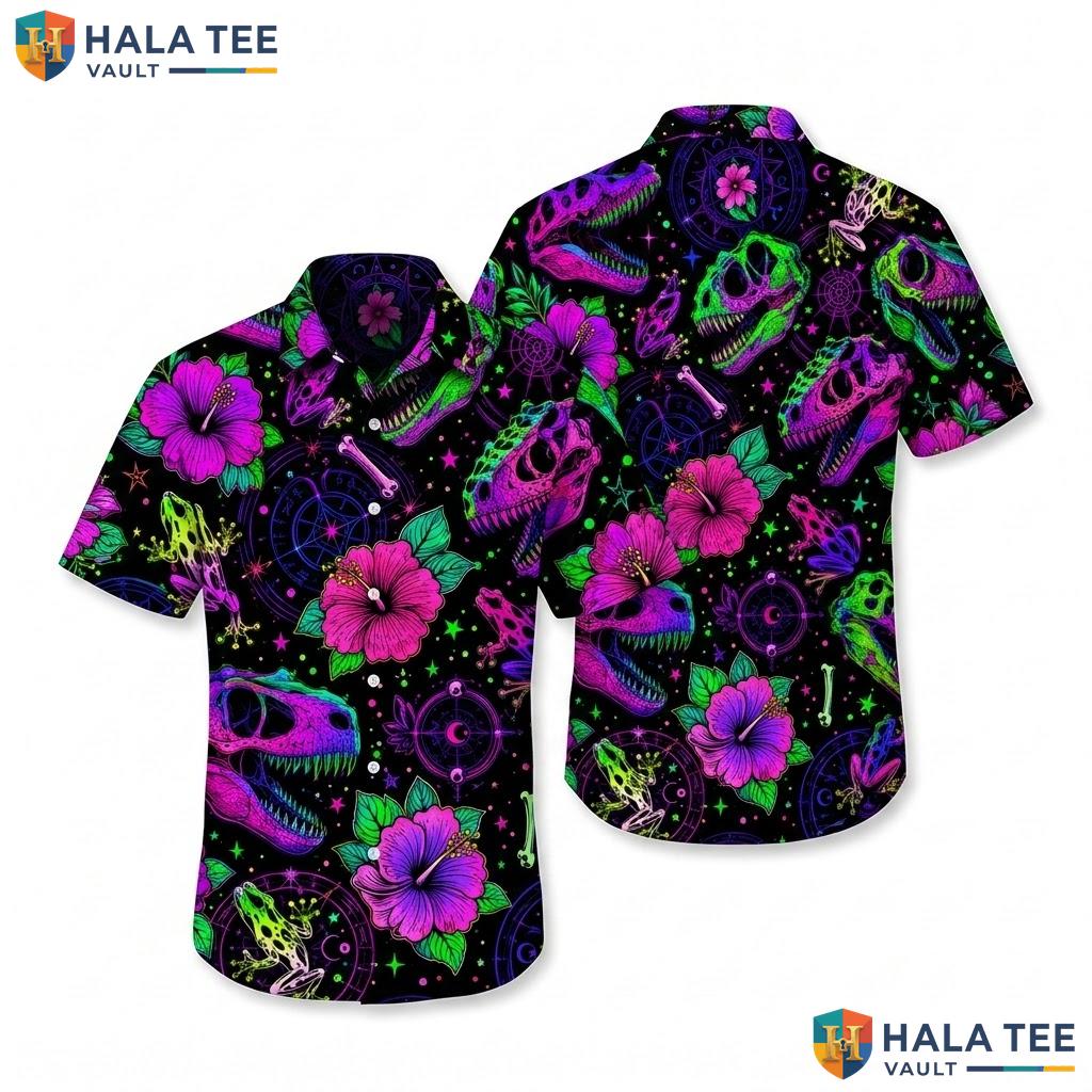 Cool Dinosaur Skull Aloha Shirt Vibrant Tropical T Rex Casual Summer Top