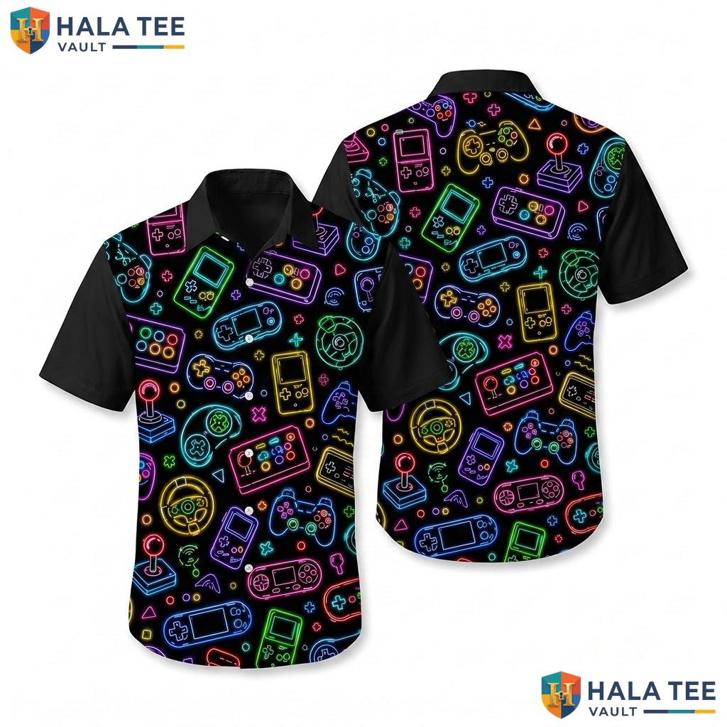 Cool Gaming Neon Hawaiian Shirt Vibrant Tropical Surf Design Gamer Wear