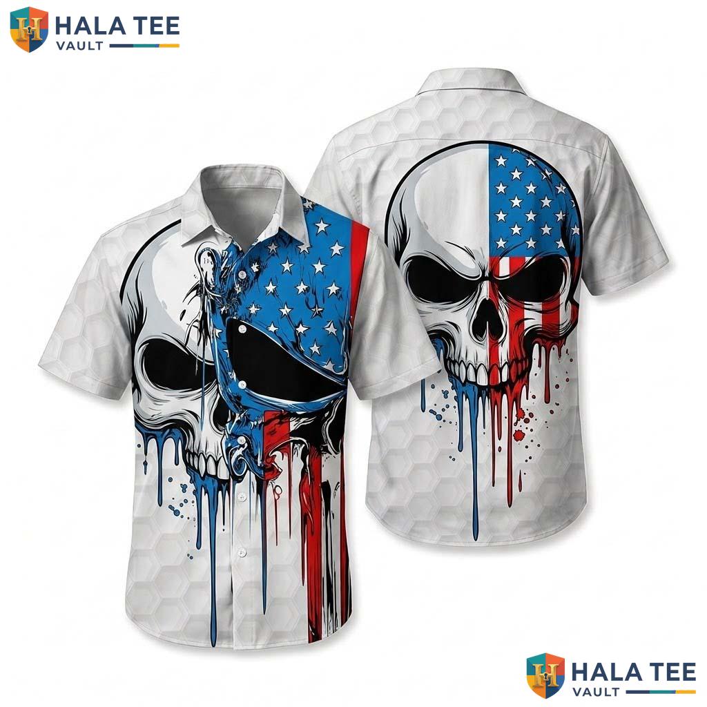 Cool Patriotic Skull Hawaiian Shirt Funky Short Sleeve American Flag Design