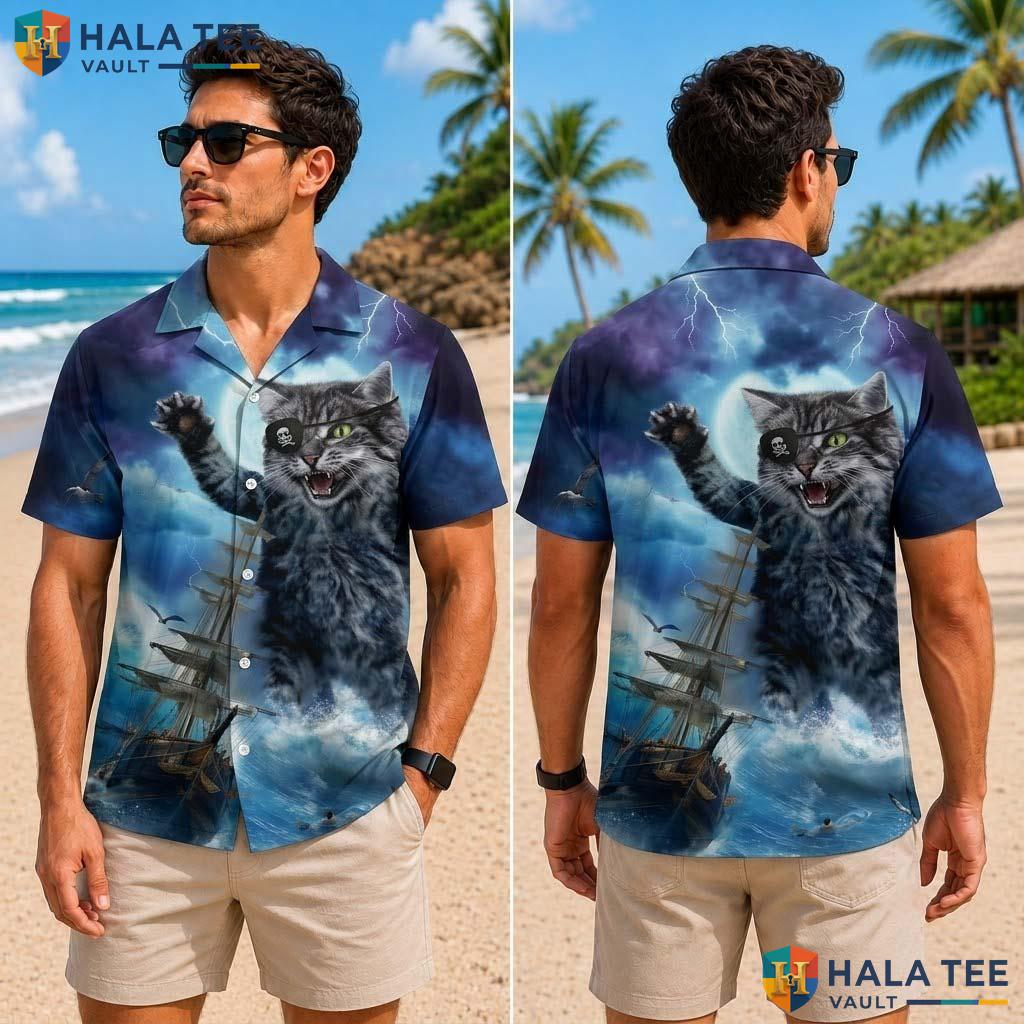 Cool Pirate Cat Tropical Shirt Vibrant Graphic Fierce Ocean Scene Button Up