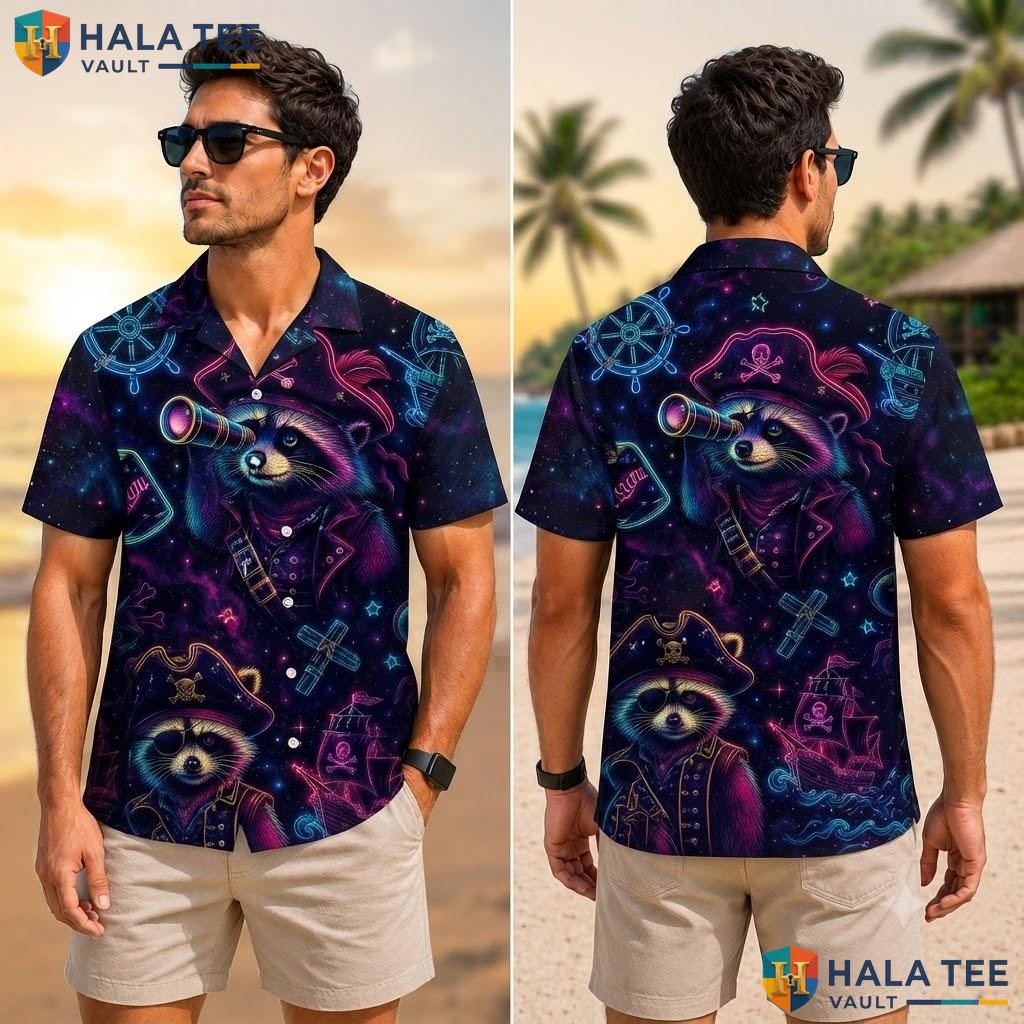 Cool Raccoon Pirate Hawaiian Shirt Tropical Surf Pattern Beach Button Down Adult