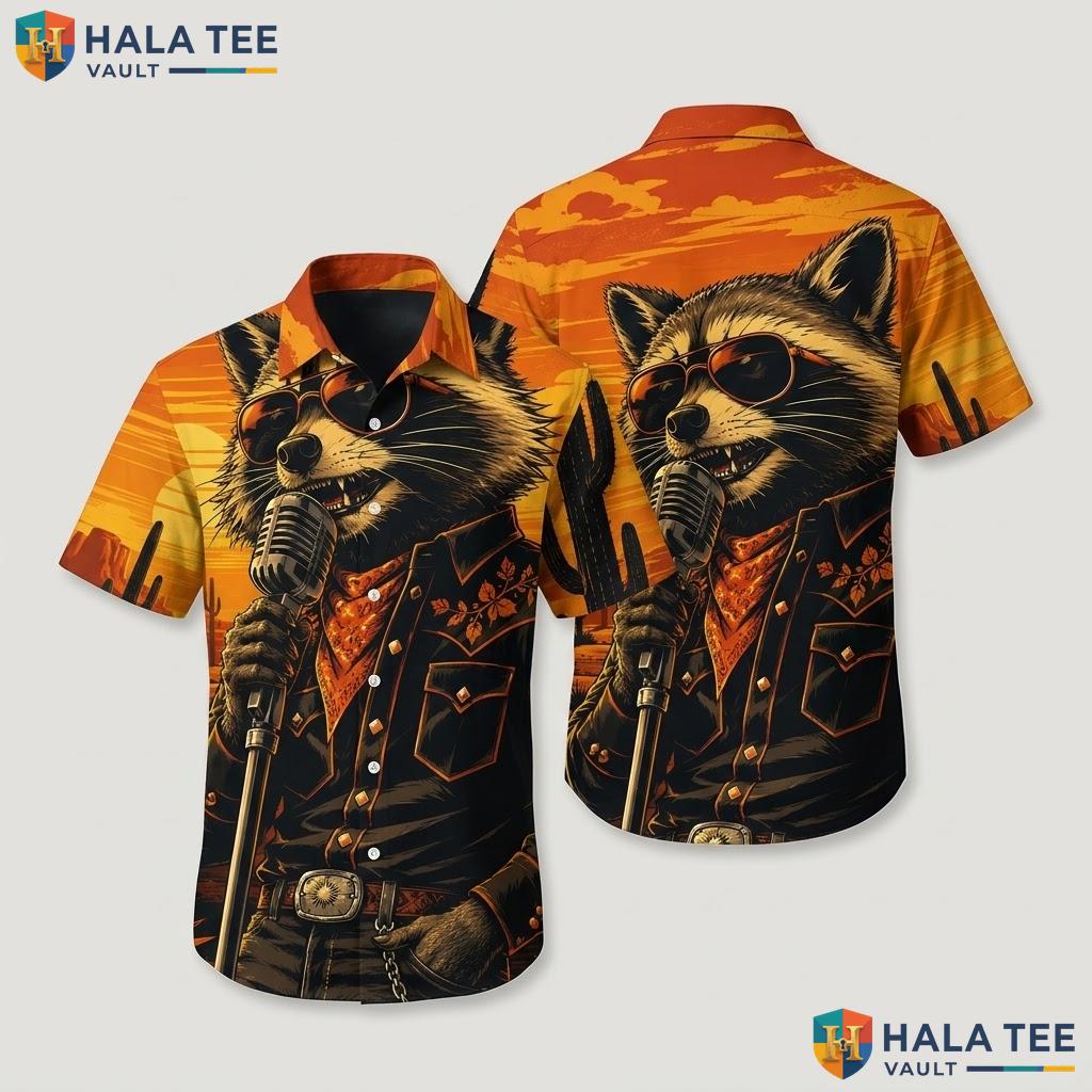 Cool Raccoon Western Hawaiian Shirt Bold Graphic Print Casual Vacation Top
