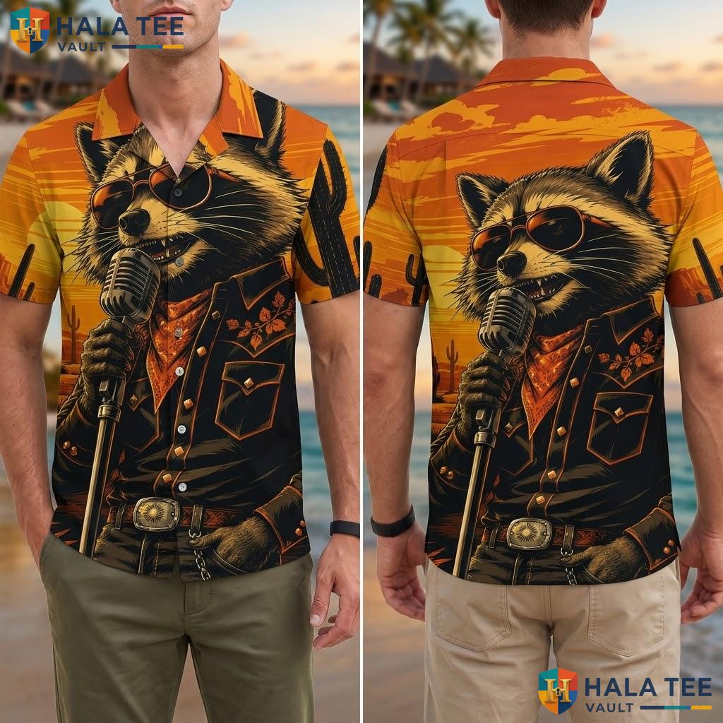 Cool Raccoon Western Hawaiian Shirt Bold Graphic Print Casual Vacation Top Adult