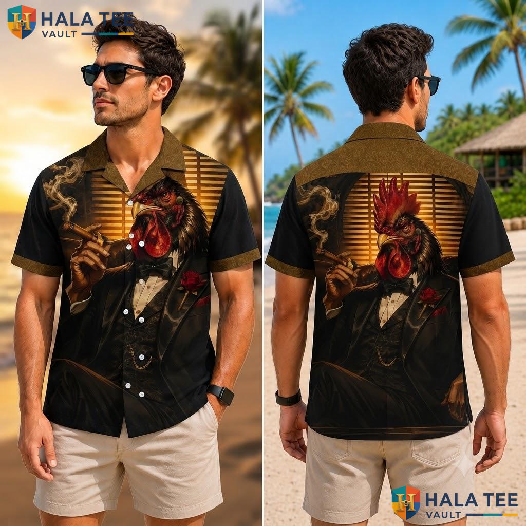 Cool Rooster Aloha Shirt Tropical Surf Pattern Mens Summer Button Down Adult