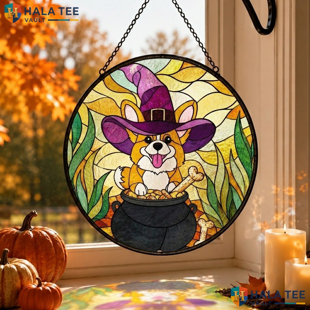 Corgi Witch Halloween Stained Glass Suncatcher Whimsical Dog Pet Lover Gift Adult