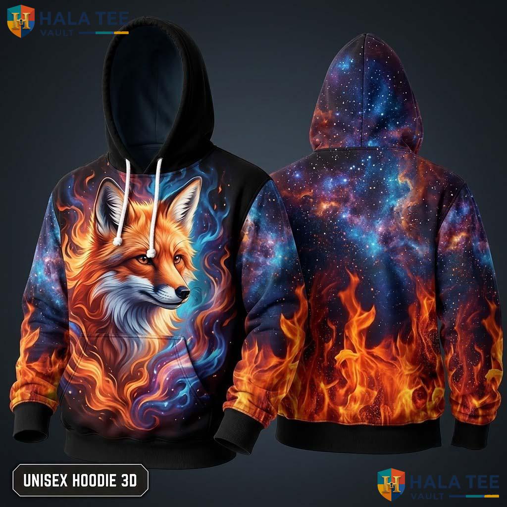 Cosmic Flame Face Fox 3D Hoodie Retro Vibrant Graphic Casual Apparel