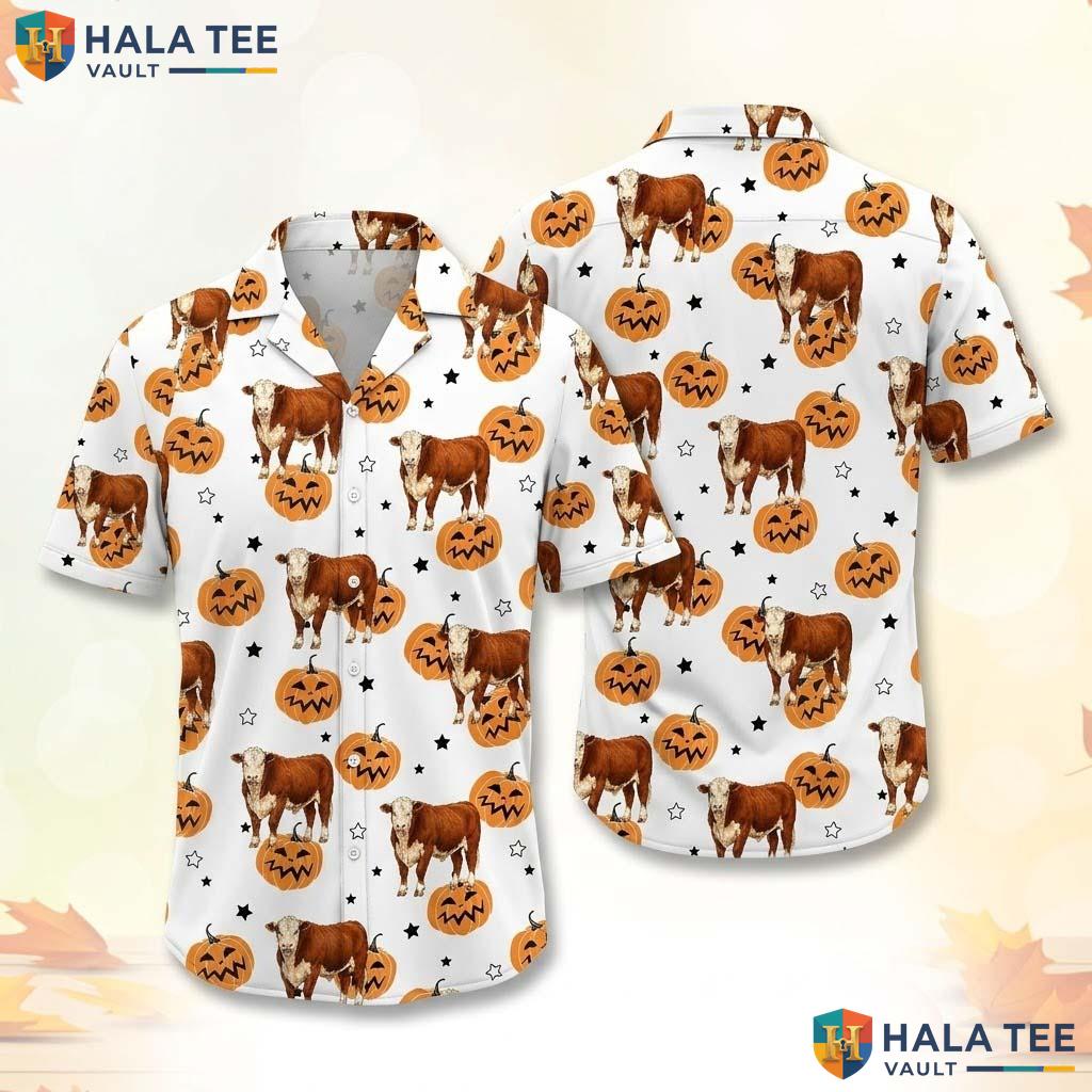 Country Farmhouse Halloween Hawaiian Shirt Spooky Cow Pumpkin Aloha