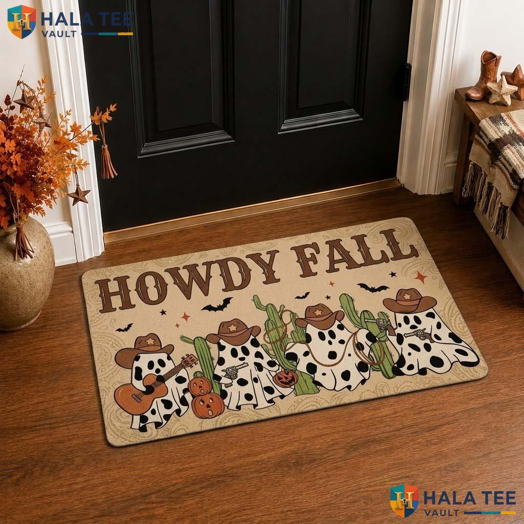 Cowboy Cow Halloween Front door mat Howdy Fall Entrance Rug Cacti Pumpkin Decor