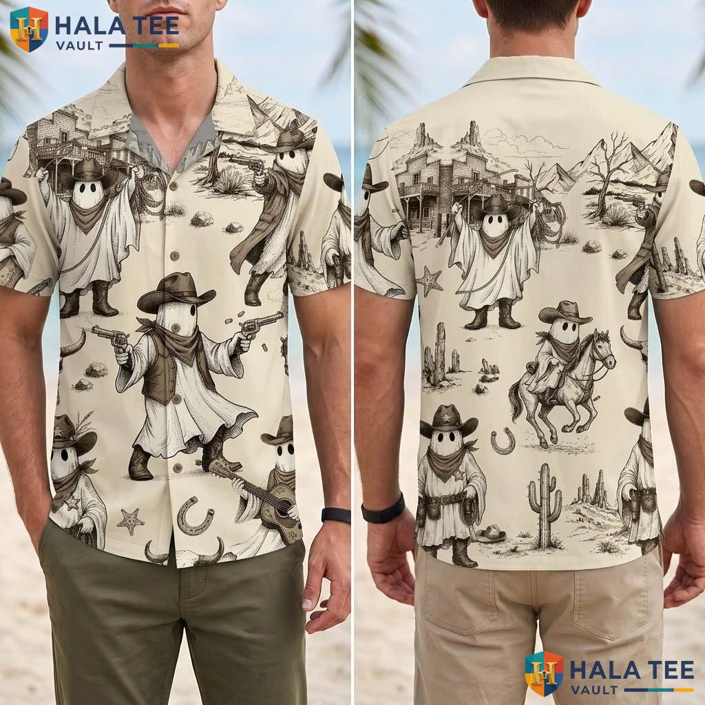 Cowboy Ghost Halloween Hawaiian Shirt Spooky Western Pumpkin Aloha Adult