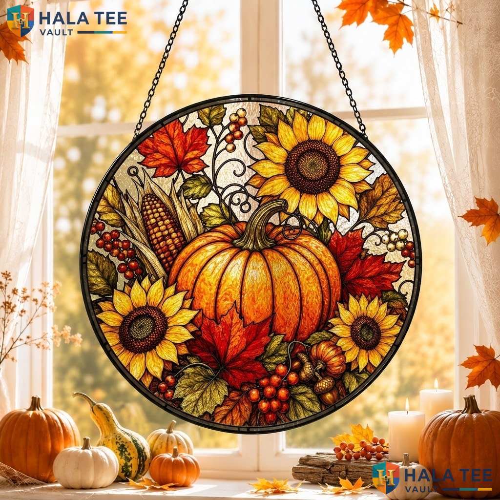 Cozy Autumn Halloween Stained Glass Suncatcher Cozy Pumpkin Sunflower Window Adult