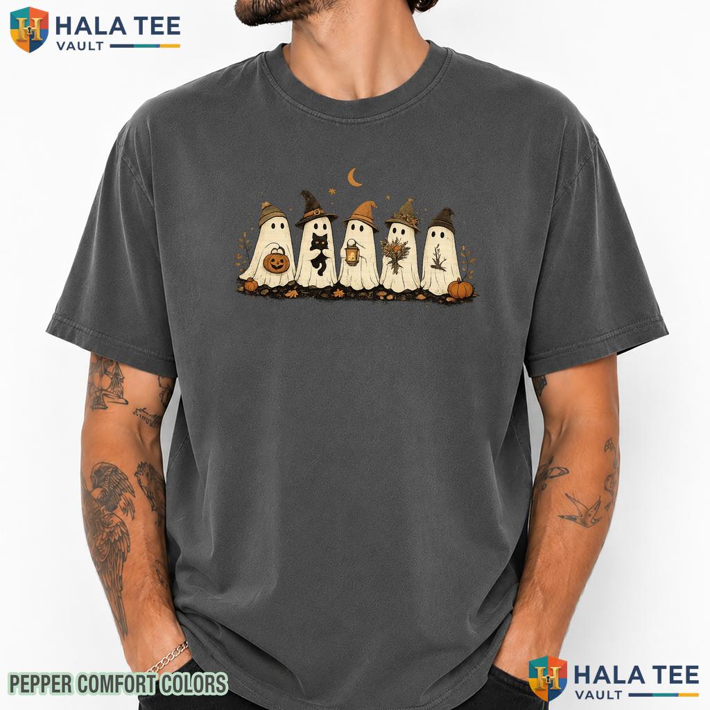 Cozy Fall Ghosts Comfort Colors T Shirt Spooky Autumn Halloween Graphic Top Vintage Washed Tee
