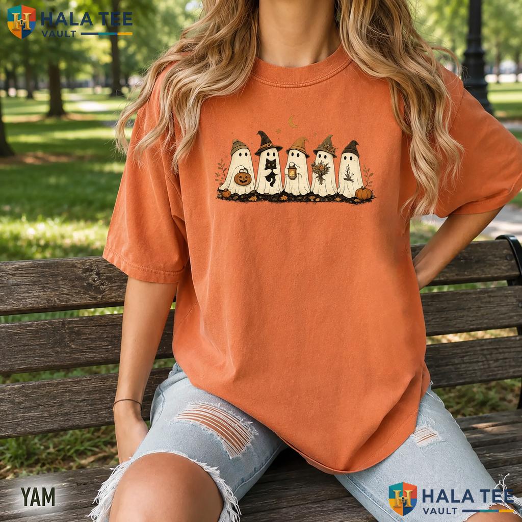 Cozy Fall Ghosts Comfort Colors T Shirt Spooky Autumn Halloween Graphic Top Relaxed Fit Tee
