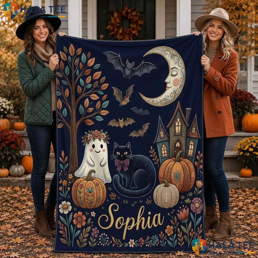 Cozy Ghost Halloween Blanket Custom Name Pumpkin Decor For Kids Throw