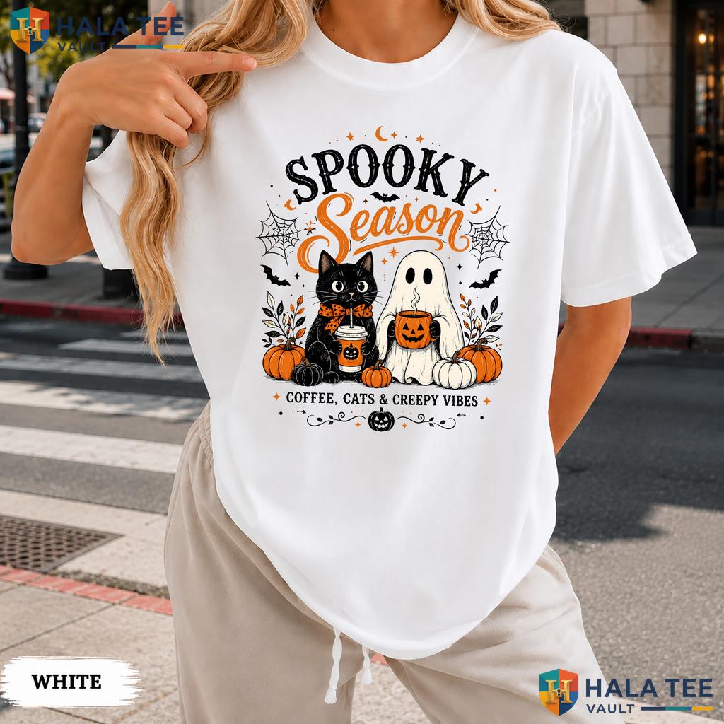 Creepy Vibes Comfort Colors T Shirt Spooky Coffee Cats Ghost Halloween Top