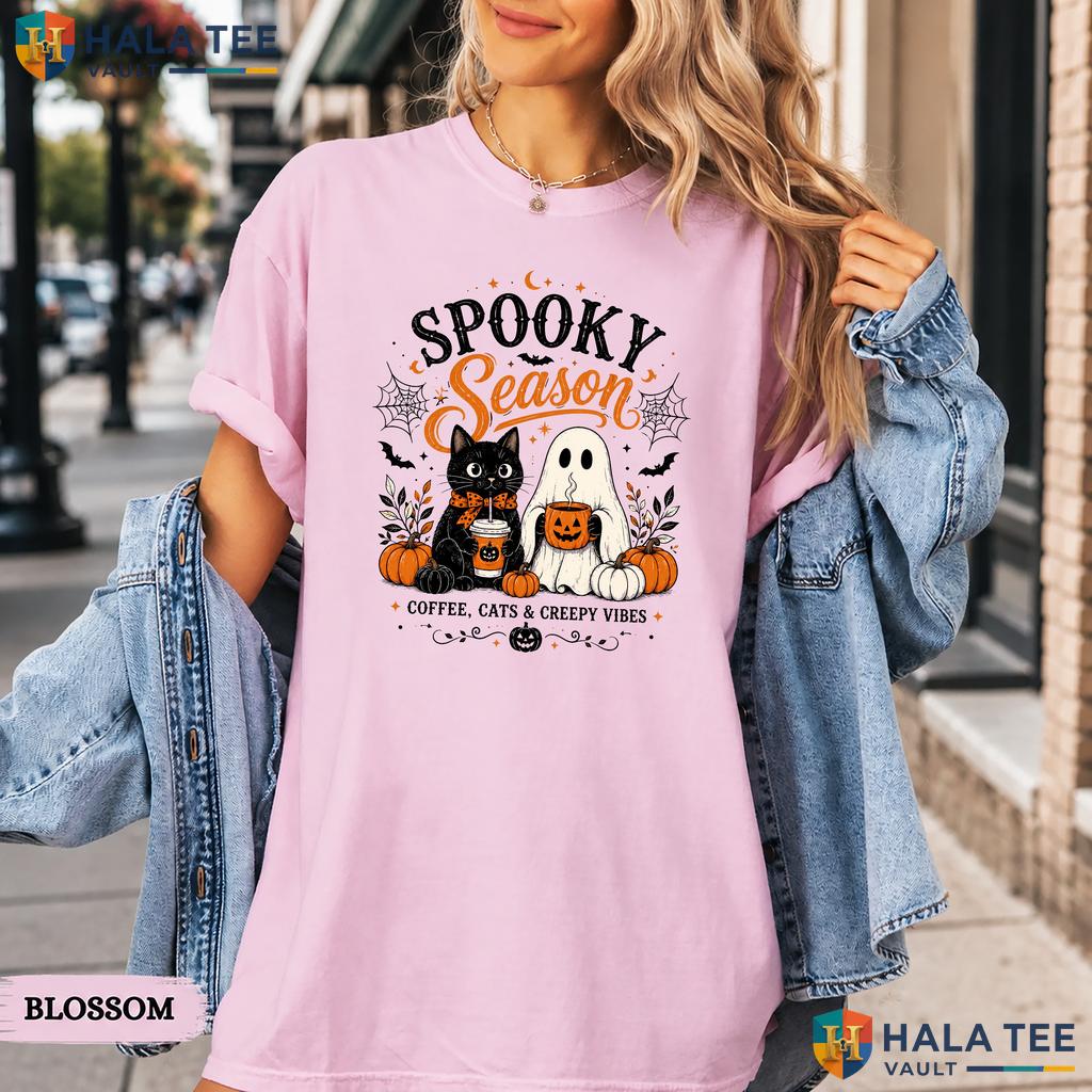 Creepy Vibes Comfort Colors T Shirt Spooky Coffee Cats Ghost Halloween Top Heavyweight Cotton T-Shirt