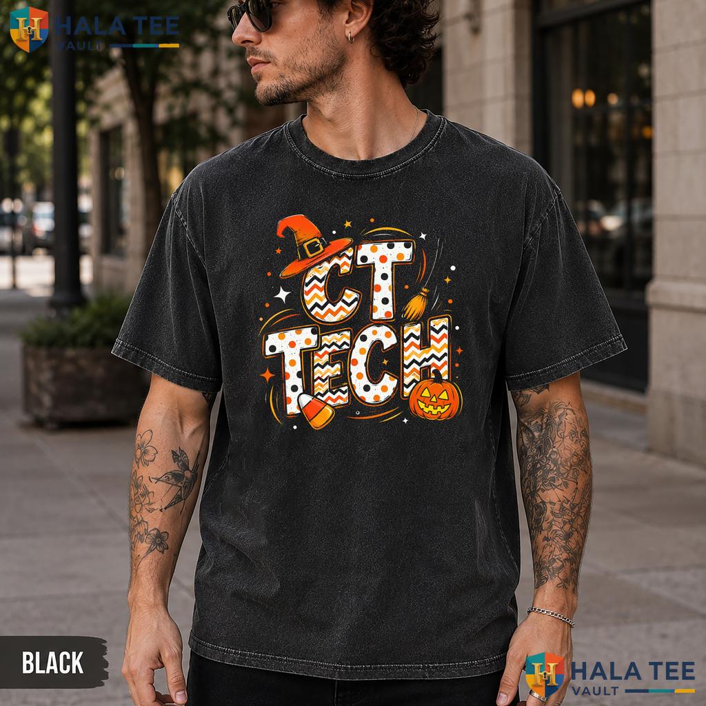 CT Tech Halloween Washed T-Shirt Funny Witch Hat Pumpkin Radiology Apparel