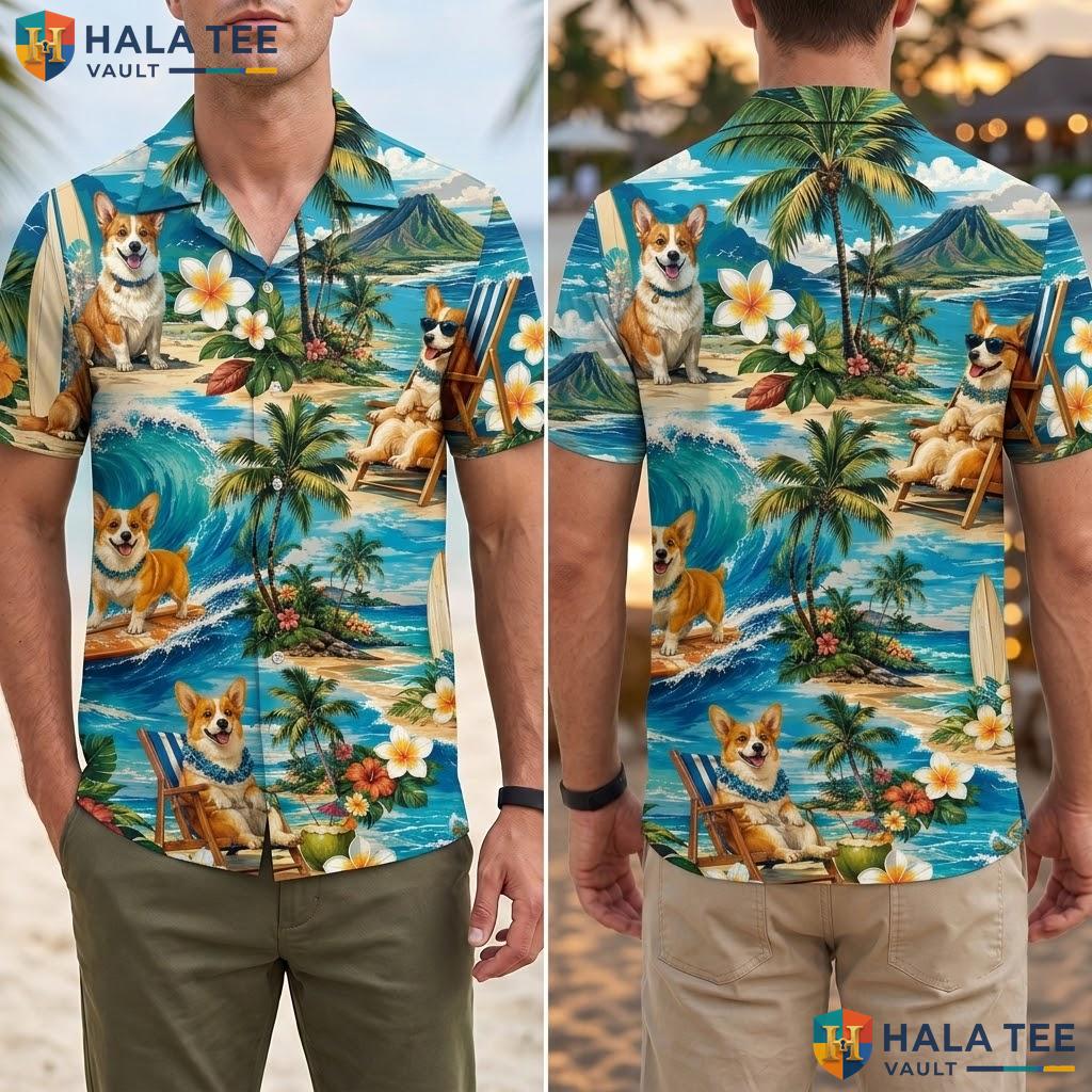 Cute Corgi Beach Hawaiian Shirt Vibrant Tropical Party Short Sleeve Top Adult