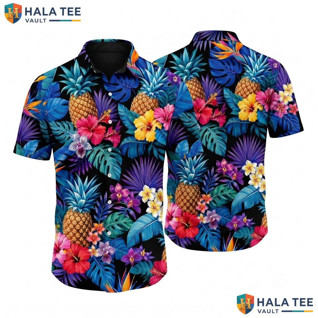 Cute Pineapple Tropical Hawaiian Shirt Colorful Floral Short Sleeve Top