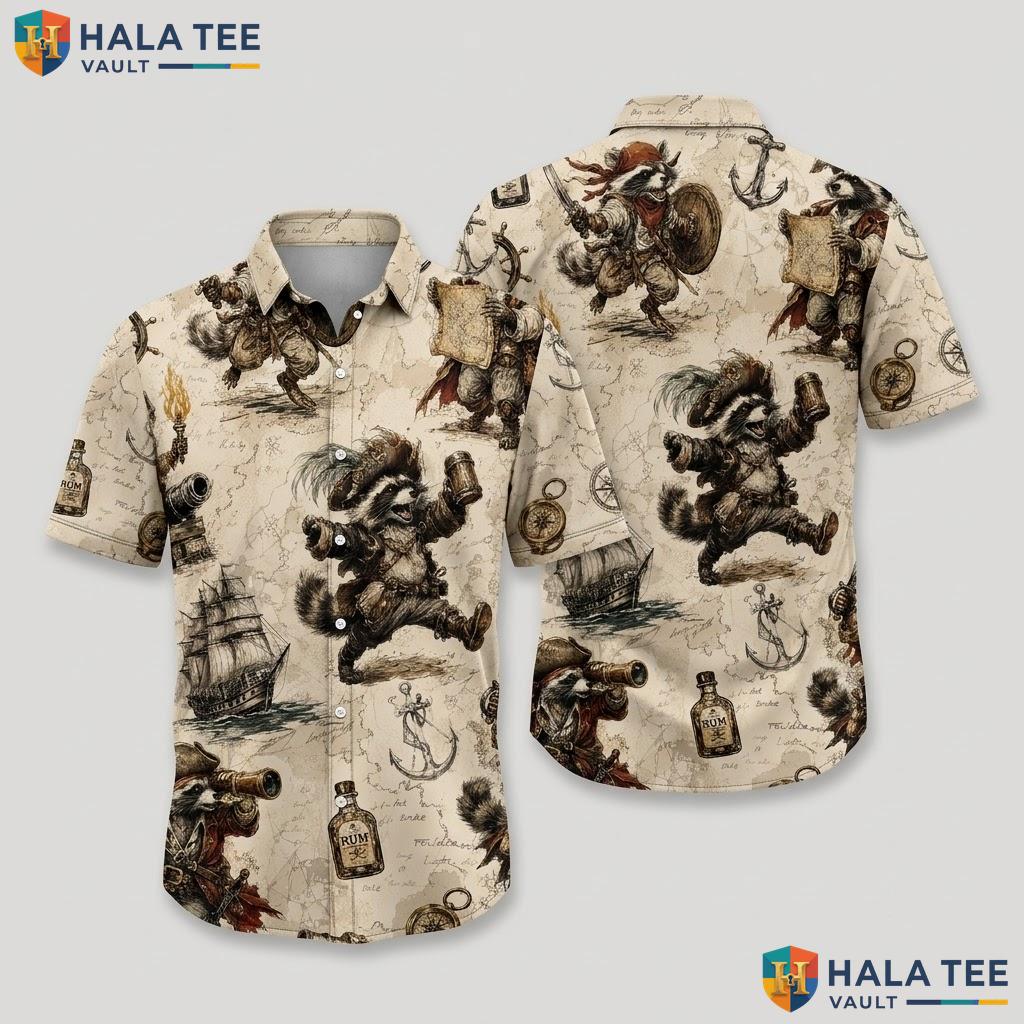 Cute Pirate Raccoon Hawaiian Shirt Vintage Print Summer Party Button Down