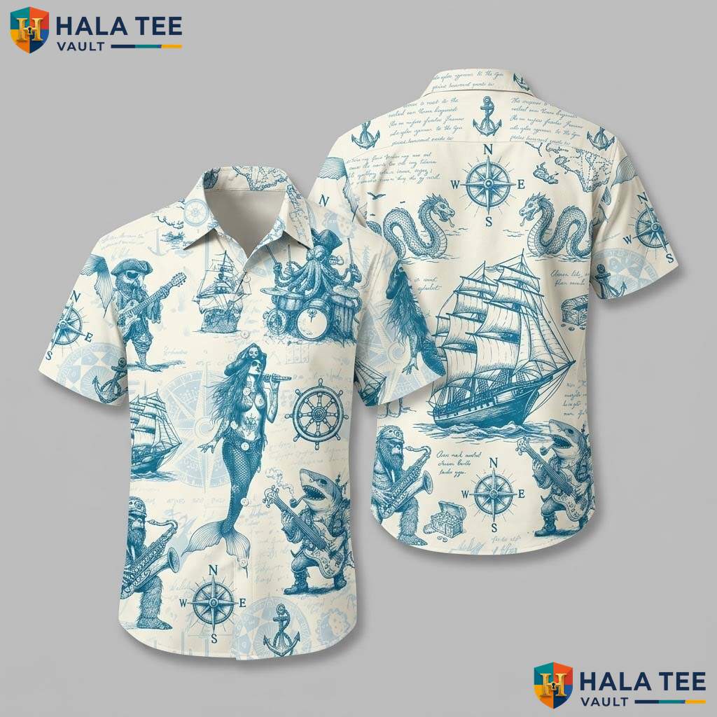 Cyan Tropical Pirate Aloha Shirt Mens Funny Island Vibe Vacation Gear
