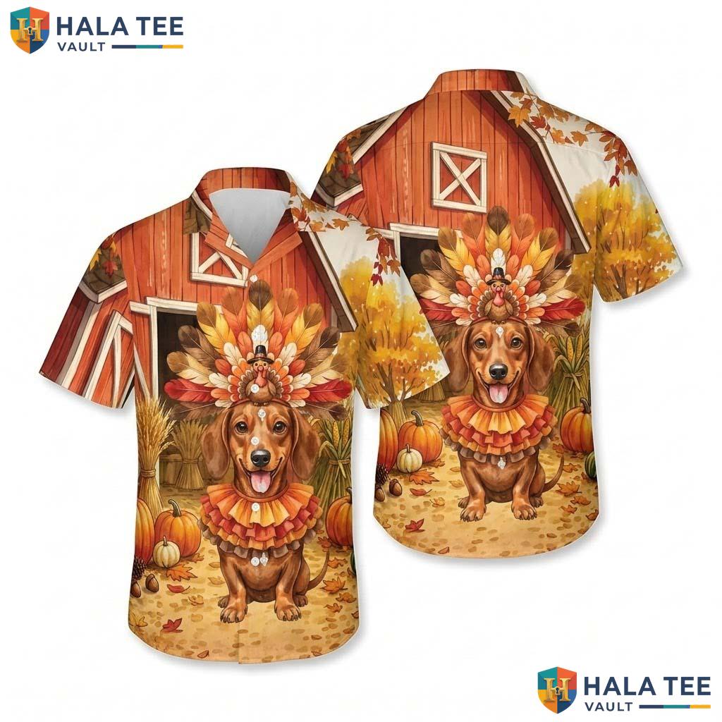 Dachshund Costume Thanksgiving Hawaiian Shirt Dog Turkey Fall Scene